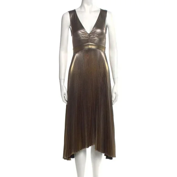 A.L.C. | Dresses | Alc Gold Metallic Pleated Midi Dress Xs Us | Poshmark